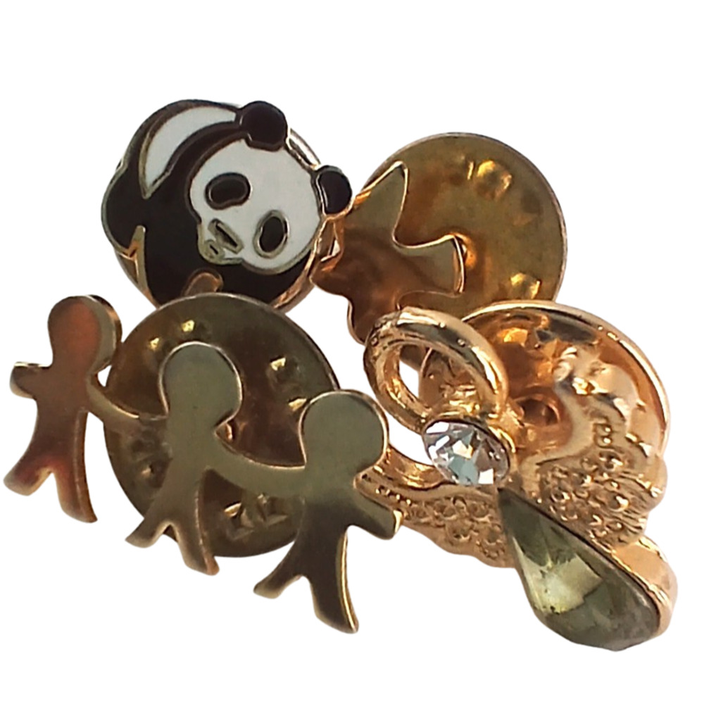 Lot of 4 Small Lapel Pins Angel Panda Dove Paper Dolls Cute Gold Tone Enamel